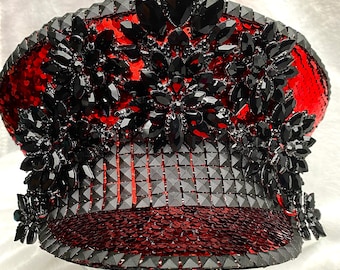 Red Sequin captain hat: rave, cap, burning man, marching band, edm, conductor hat