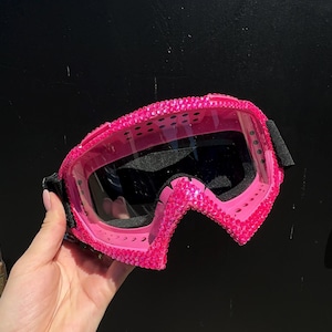 Neon pink uv reactive rhinestoned goggles: goggles, burning man, snowboarding