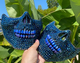 Blue Skull mask: face mask, skull mask, tear drops, crystals, festival, music festival