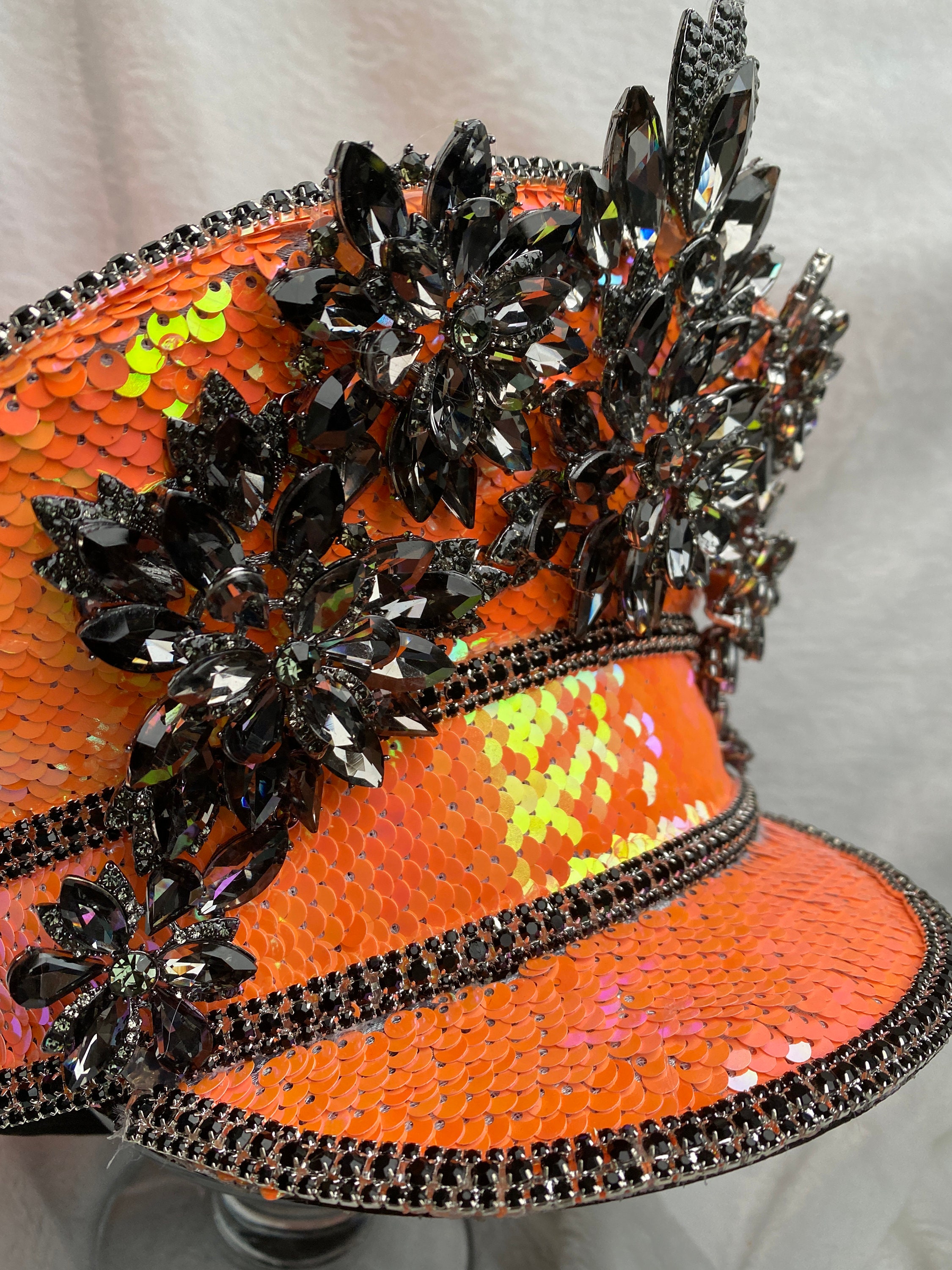 Orange Sequin Captain Hat: Rave, Cap, Burning Man Marching 