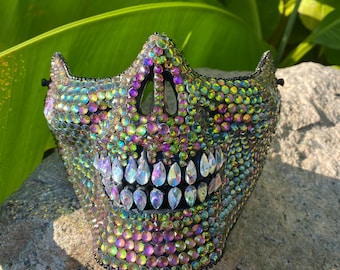 Rainbow Chameleon Skull mask with tears : face mask, skull mask, tear drops, crystals, festival, music festival