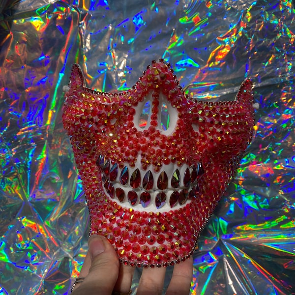 Red jelly Skull mask: face mask, skull mask, tear drops, crystals, festival, music festival