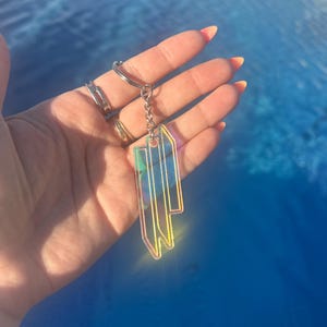 Może przedstawiać: Iridescentny brelok do kluczy z akrylu o geometrycznym wzorze, przymocowany do srebrnego kółka na klucze. Brelok odbija spektrum kolorów, w tym żółty, zielony i niebieski. Tło to rozmyty widok niebieskiego zbiornika wodnego.