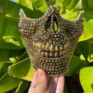 Gold metal Skull mask with tears : face mask, skull mask, tear drops, crystals, festival, music festival