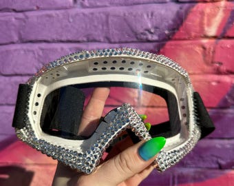 Gafas de esquí blancas transparentes con cristales iridiscentes: gafas, Burning Man, snowboard