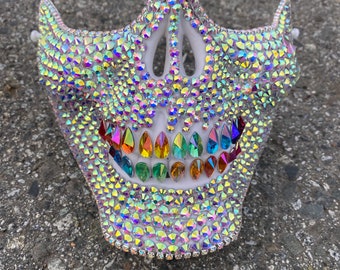 Silver Skull mask with rainbow tears : face mask, skull mask, tear drops, crystals, festival, music festival