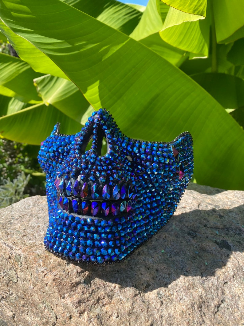 Mörkblå dödskallemask med blå tårar: ansiktsmask, dödskallemask, tårdroppar, kristaller, festival, musikfestival bild 3