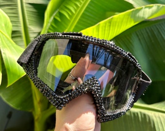 Black rhinestoned goggles: goggles, burning man, snowboarding