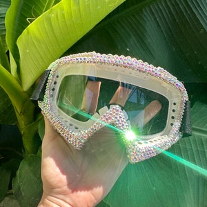 White rhinestoned goggles: goggles, burning man, snowboarding