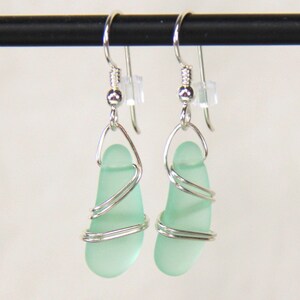 Wire Wrapped Dangle Sea Glass Earrings, Green Autumn Green With Hand Wrapped Sterling SilverWire and Hypoallergenic Sterling Silver Ear Wire