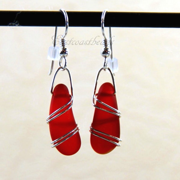 Wire Wrapped Dangle Sea Glass Earrings, Cherry Red With Hand Wrapped Sterling Silver Wire and Hypoallergenic Sterling Silver Ear Wires