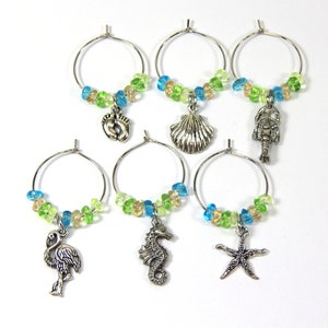 Beach Theme Wine Stem Charms, Barware Charms, Party Favor, Holiday Gift, etc., Set Of 6