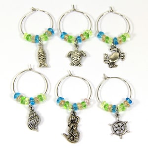 Beach Theme Wine Stem Charms, Barware Charms, Party Favor, Holiday Gift, etc., Set Of 6