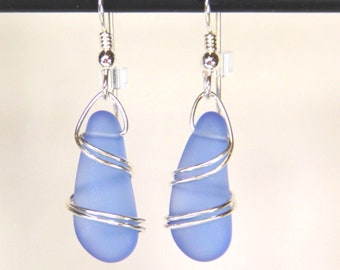 Wire Wrapped Dangle Sea Glass Earrings, Light Sapphire With Hand Wrapped Sterling SilverWire and Hypoallergenic Sterling Silver Ear Wires