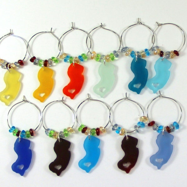 New Jersey State, Sea Glass, Randomly Selected Colors, Wine Stem Charms, Barware Charms, Party Favor, Holiday Gift, etc.,