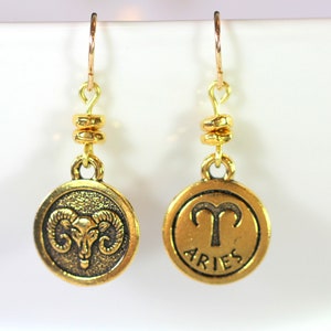 Boucles d’oreilles Bélier Zodiac, Breloques double face, avec crochet Français 14/20 Fils d’oreille remplis d’or, Charms plaqués or