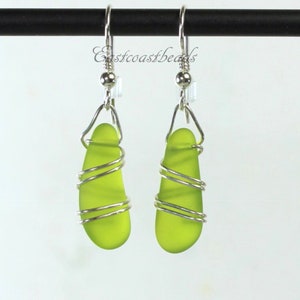 Wire Wrapped Dangle Sea Glass Earrings, Green Peridot With Hand Wrapped Sterling SilverWire and Hypoallergenic Sterling Silver Ear Wires