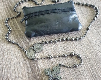 Gunmetal WW1 Combat Rosary with Black Sheepskin pouch