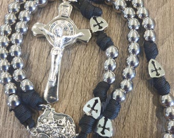 Mens Heavyweight Black or Charcoal Grey Paracord Rosary with Stainless Steel Beads.