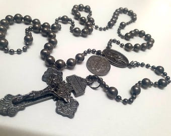 Gunmetal WW1 Combat Rosary with Black Sheepskin pouch