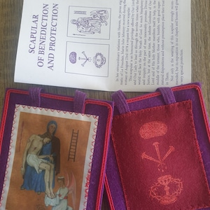 Authentic Purple Scapular of Benediction and Protection,100% Woven Wool with Leaflet in English