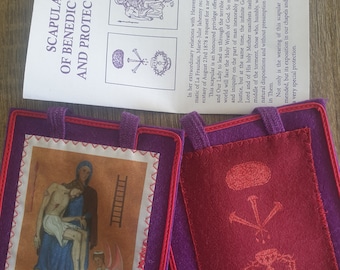 Authentic Purple Scapular of Benediction and Protection,100% Woven Wool with Leaflet in English