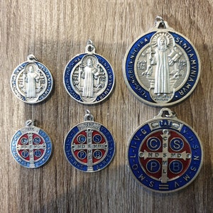 Saint Benedict Medals , Blue/Red Enamel, Superior Quality Italian, 3 sizes, 25mm, 30mm and 46mm.