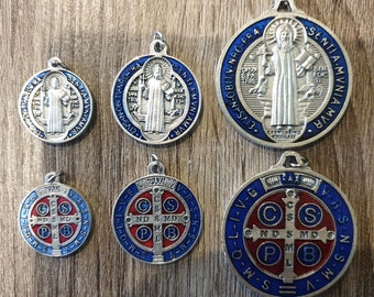 Saint Benedict Medals , Blue/Red Enamel, Superior Quality Italian, 3 sizes, 25mm, 30mm and 46mm.