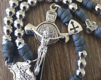 Mens Heavyweight Charcoal Grey or Black Paracord Rosary with Stainless Steel Beads,