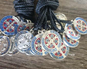 Saint Benedict Medals , Blue/Red Enamel, Superior Quality Italian, 25mm. These medals come attached to a black cord.