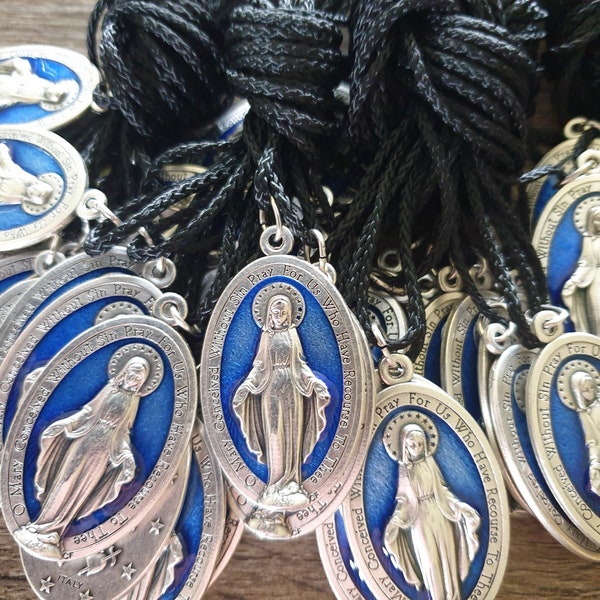 Blue Miraculous Medals on Black cords (Italy), High Quality