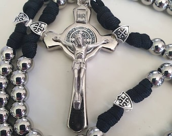 Mens Heavyweight Black Paracord Rosary with Stainless Steel Beads