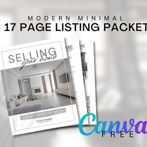 May include: A 17-page real estate listing packet with a modern minimal design. The cover features a photo of a living room with a fireplace and a large TV. The text "SELLING your home" is in a bold, handwritten font. The text "FROM LISTED TO SOLD" is in a smaller font below the photo. The text "YOUR NAME YOUR BROKERAGE" is in an even smaller font below that.