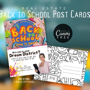 Cartão postal imobiliário de volta às aulas, modelo Canva, marketing de corretor de imóveis, verão agosto pop by