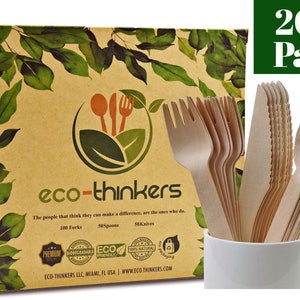 Disposable Wooden Utensils, Wooden Cutlery Kitchen Decor Set, Biodegradable Spoons Forks and Knives 200 Bundle
