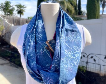 Blue Flowers Infinity travel scarf with zipper pocket, Block Print Batik pattern.