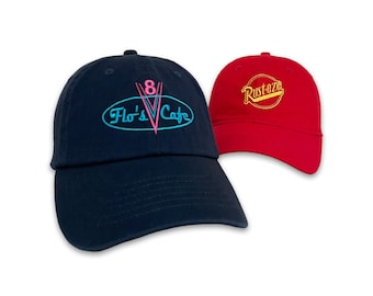 EMBROIDERED Rusteze Flo's V8 Cafe - Rusty and Dusty - Disney Cars - Kids and Adult Unstructured Baseball Hat - Lightning McQueen 95