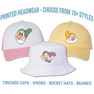 Snow White and Seven Dwarfs Printed Hat - Birthday Party Group Caps - Themed Bucket Hat - Disney World Magic Kingdom | Adult and Kids Sizes