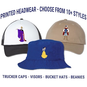Snow White and Seven Dwarfs Printed Hat - Birthday Party Group Caps - Themed Bucket Hat - Disney World Magic Kingdom | Adult and Kids Sizes