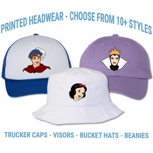 Snow White and Seven Dwarfs Printed Hat - Birthday Party Group Caps - Themed Bucket Hat - Disney World Magic Kingdom | Adult and Kids Sizes