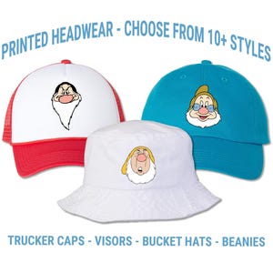 Snow White and Seven Dwarfs Printed Hat - Birthday Party Group Caps - Themed Bucket Hat - Disney World Magic Kingdom | Adult and Kids Sizes