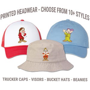 Snow White and Seven Dwarfs Printed Hat - Birthday Party Group Caps - Themed Bucket Hat - Disney World Magic Kingdom | Adult and Kids Sizes