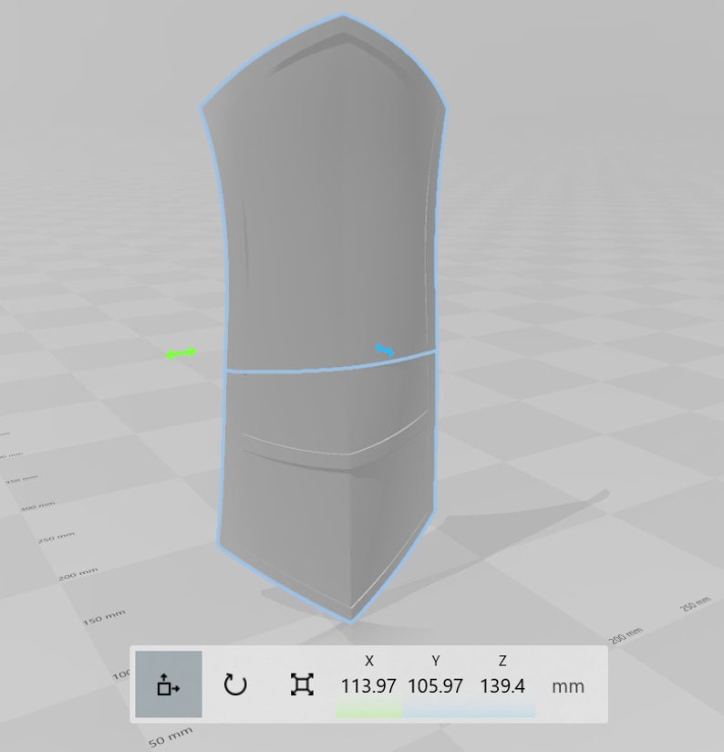 May include: A 3D model of a gray shield with a slightly curved top and a pointed bottom. The shield is 113.97 mm wide, 105.97 mm tall, and 139.4 mm deep.