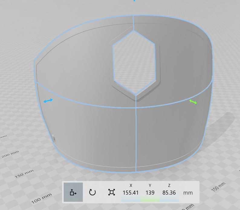 May include: A 3D model of a gray, curved, hexagonal shape with a hole in the center. The model is 155.41 mm wide, 139 mm tall, and 85.36 mm deep.
