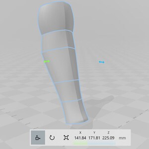 May include: A 3D model of a leg, shown in a light gray color with a blue outline. The model is segmented into sections, and the measurements are displayed in millimeters.