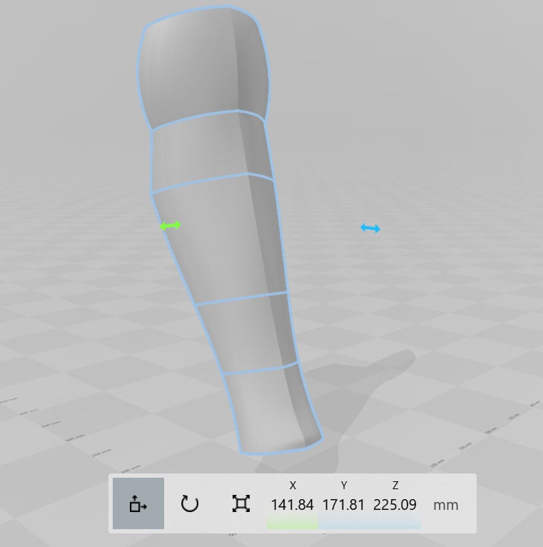 May include: A 3D model of a leg, shown in a light gray color with a blue outline. The model is segmented into sections, and the measurements are displayed in millimeters.