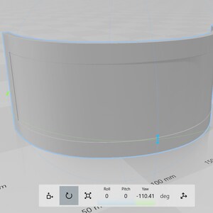 May include: A 3D model of a curved, gray object. The object is shown in a 3D modeling program with a measurement grid and a control panel showing the object's rotation in degrees.