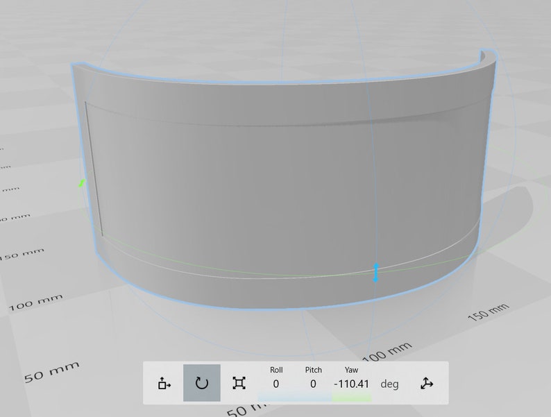 May include: A 3D model of a curved, gray object. The object is shown in a 3D modeling program with a measurement grid and a control panel showing the object's rotation in degrees.