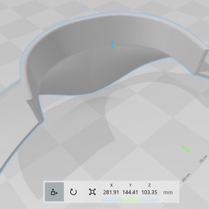 May include: A 3D model of a white plastic object with a curved shape. The object is 281.91 mm wide, 144.41 mm deep, and 103.35 mm high.