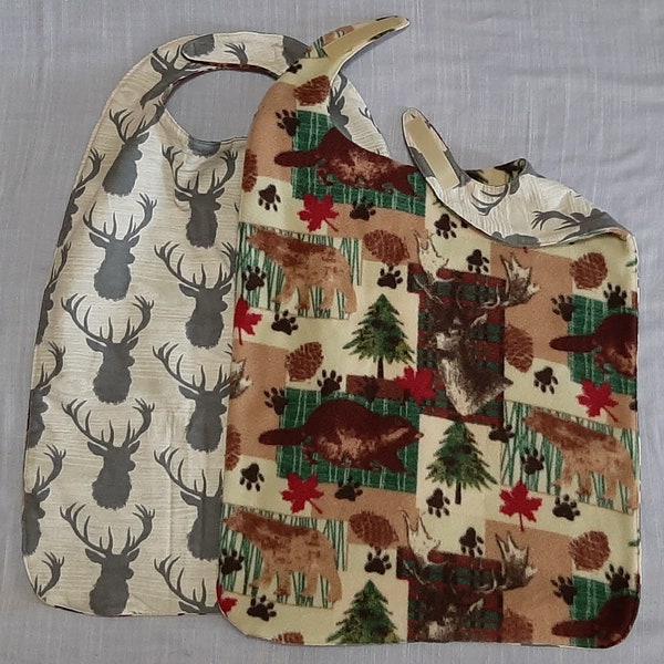 Reversible Large Adult or Handicapped Clothes Protectors: Forest Animals on flannel with complementary print on fleece on the other side.